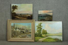 Three oil on boards and an oil on canvas landscape. The seaside town scene, signed Robert Grillen