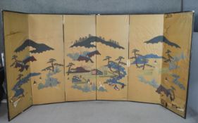 A Japanese hand painted six panel folding screen, one side with mountainous landscape, figures and