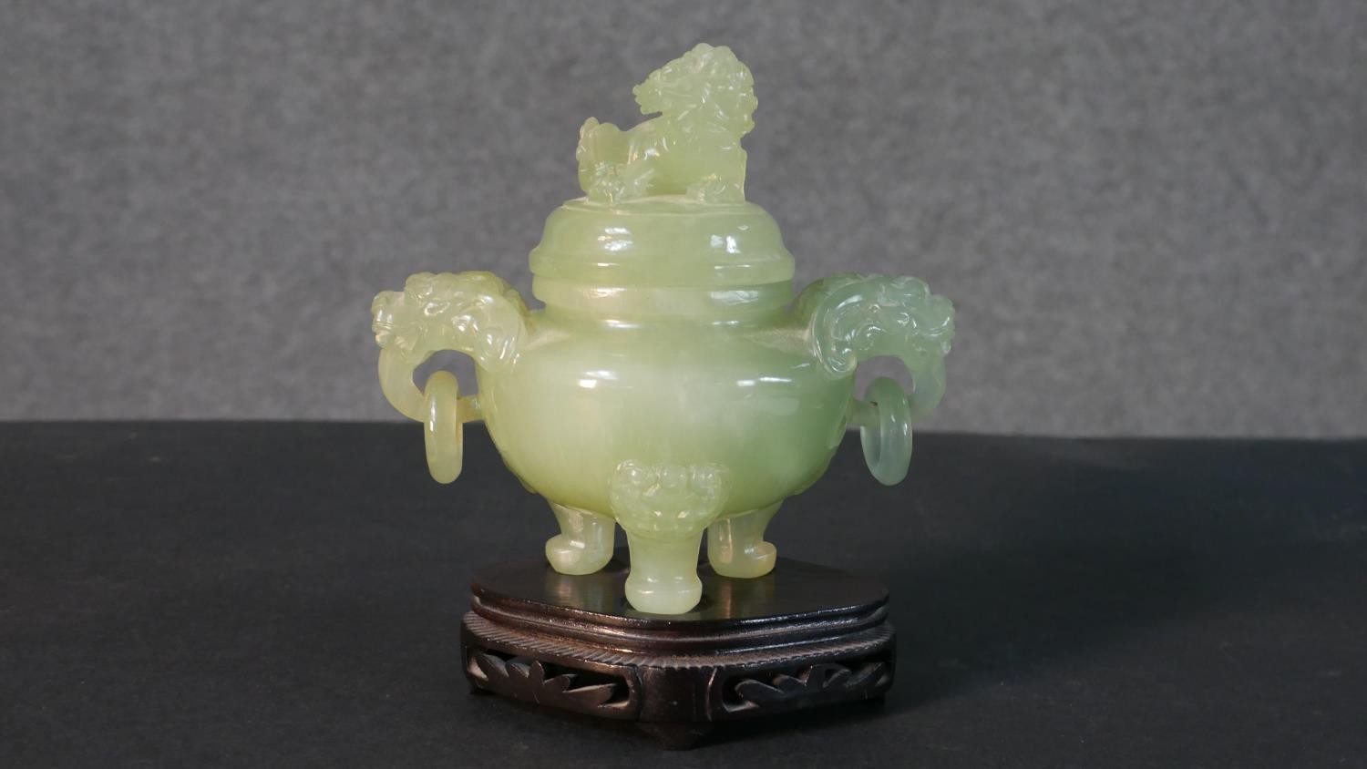 An early 20th century carved jade lidded censer with foo dog finial and handles along with a - Image 5 of 12