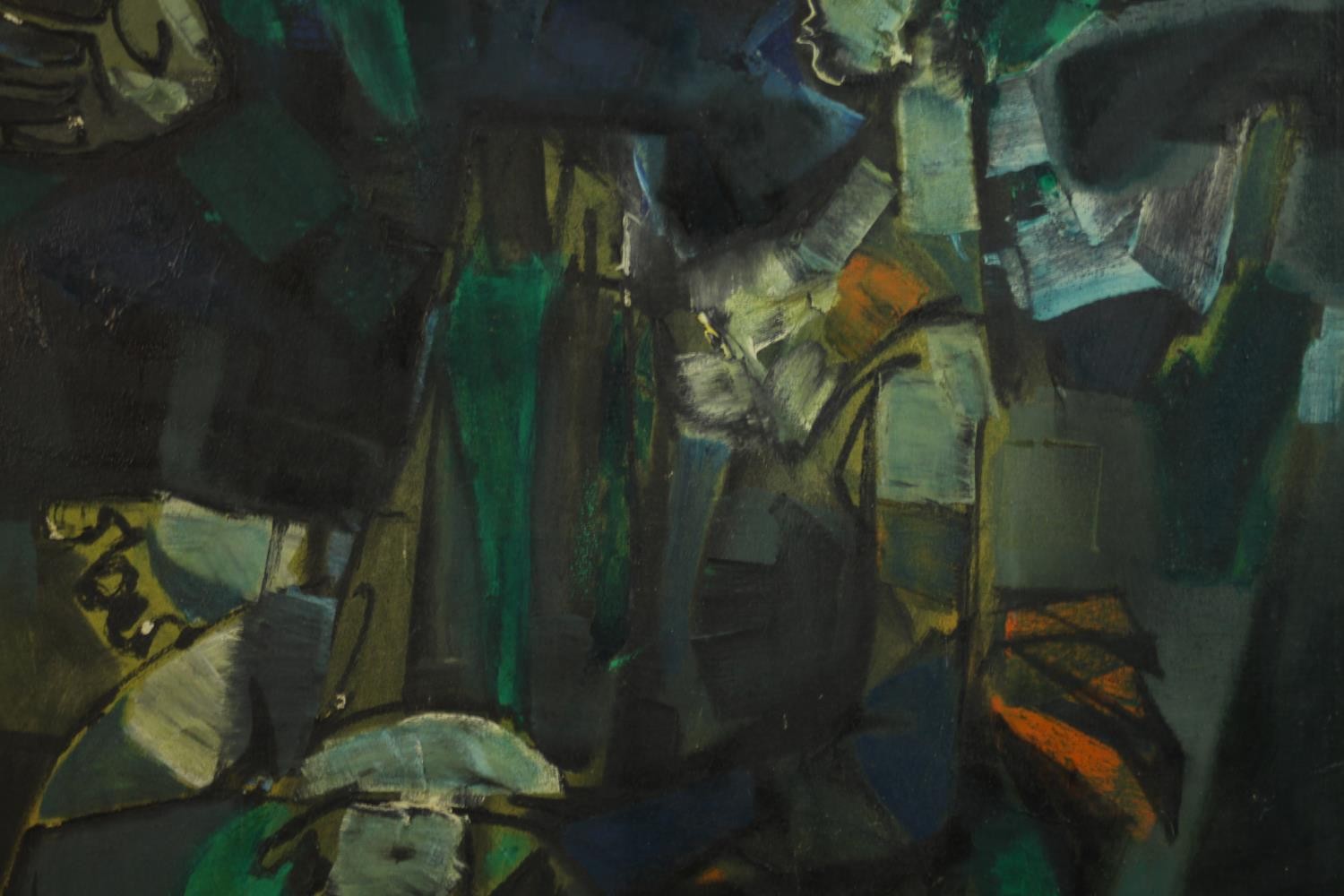 An abstract oil on canvas with figures, indistinctly signed. H.78 W.91cm. - Image 3 of 6
