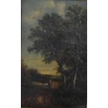 A gilt framed 19th century oil on board of a landscape scene with figures, indistinctly signed. H.