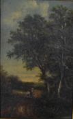 A gilt framed 19th century oil on board of a landscape scene with figures, indistinctly signed. H.