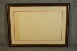 A large ebonised and gold painted picture frame with glazing. H.72 W.102cm.