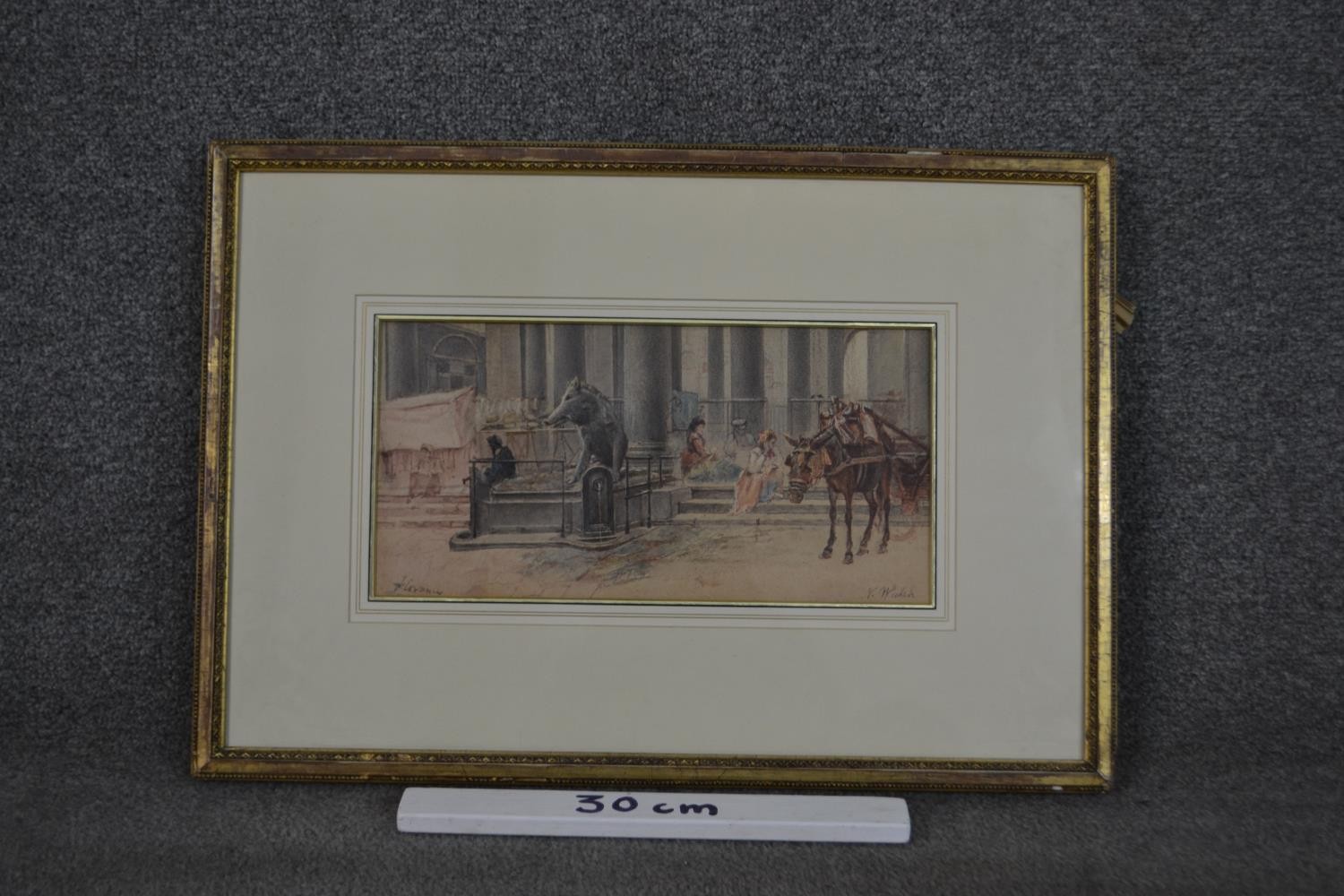 A framed and glazed 19th century watercolour of a market scene with horses, signed N. Walsh. Label - Image 3 of 10