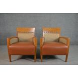 Tonon, Italy, a pair of contemporary armchairs, upholstered in a beige wool fabric, with a brown