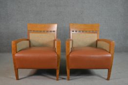 Tonon, Italy, a pair of contemporary armchairs, upholstered in a beige wool fabric, with a brown