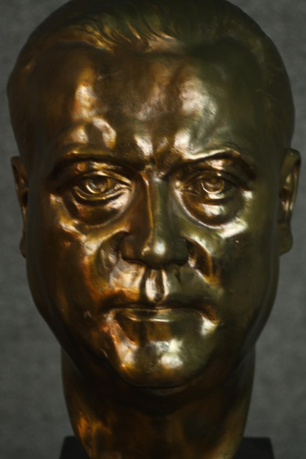 A 20th century bronze head of a gentleman, mounted on a black marble base. H.48 W.18 D.23cm. - Image 3 of 5