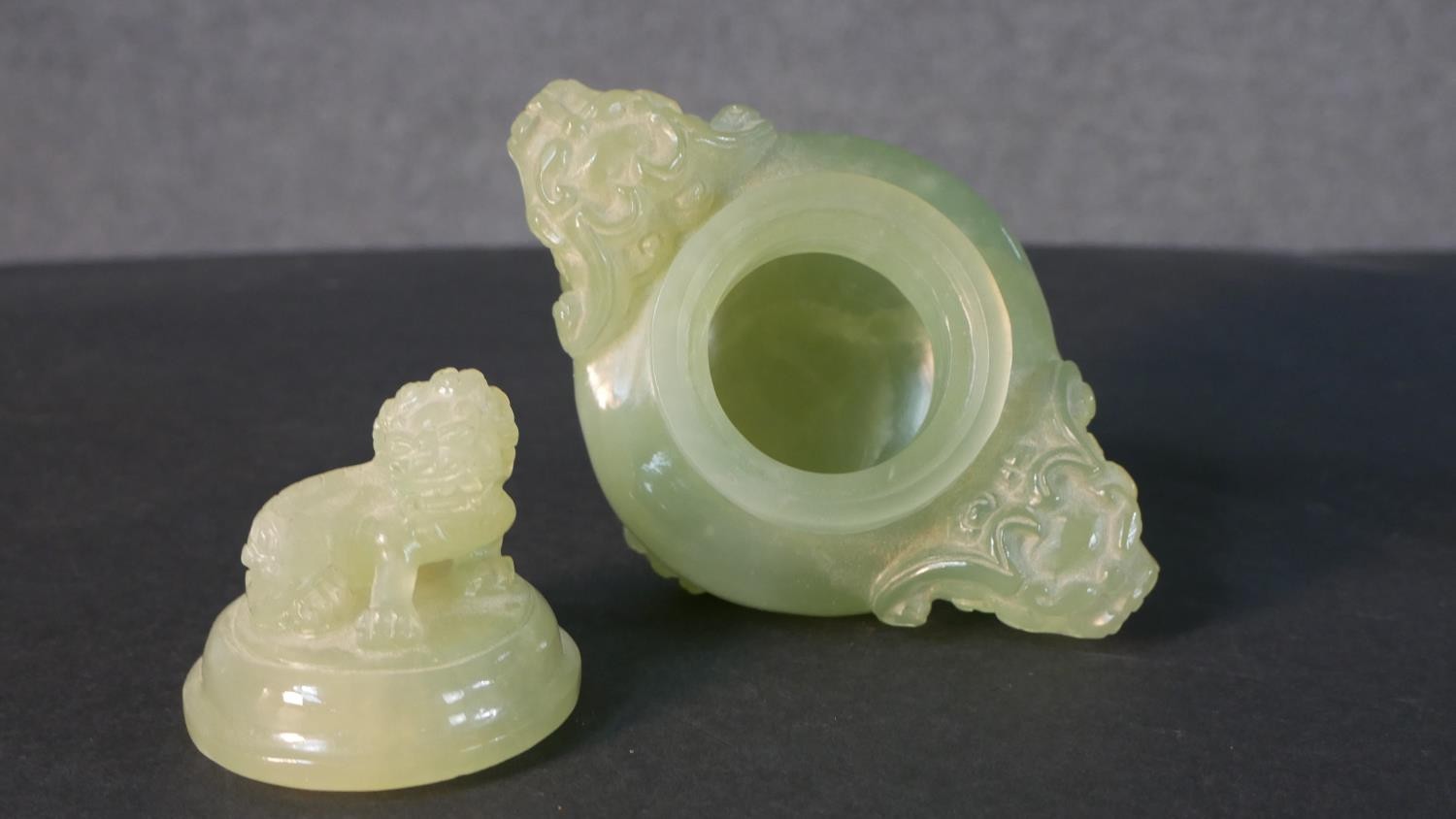 An early 20th century carved jade lidded censer with foo dog finial and handles along with a - Image 11 of 12
