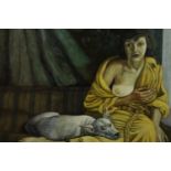 A carved framed oil on canvas of a nude woman and British bulldog on a couch. H.72 W.82cm.