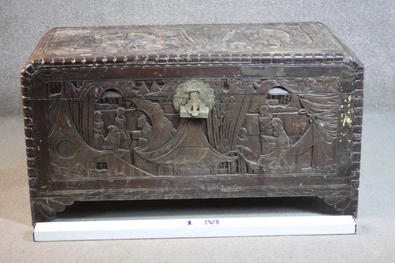 An early 20th century Chinese camphorwood chest, the exterior carved allover with figures amongst - Image 2 of 11