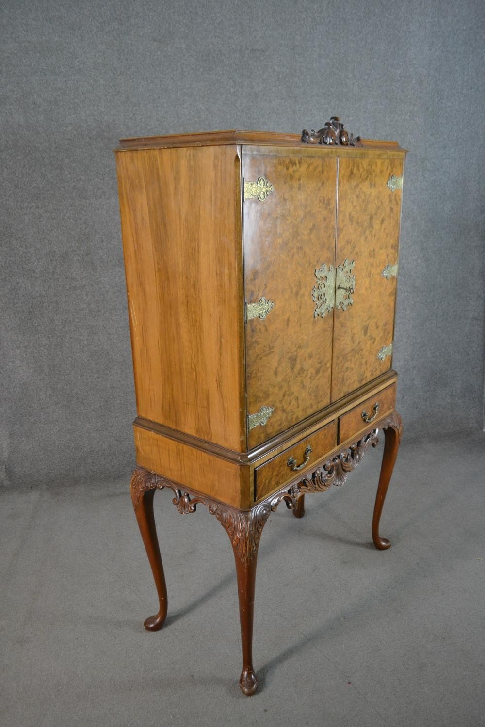 An Epstein style 1930s burr walnut drinks cabinet, the two cupboard doors with ornate brass - Image 9 of 13