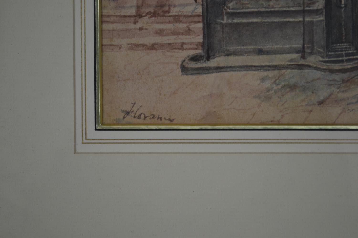 A framed and glazed 19th century watercolour of a market scene with horses, signed N. Walsh. Label - Image 7 of 10