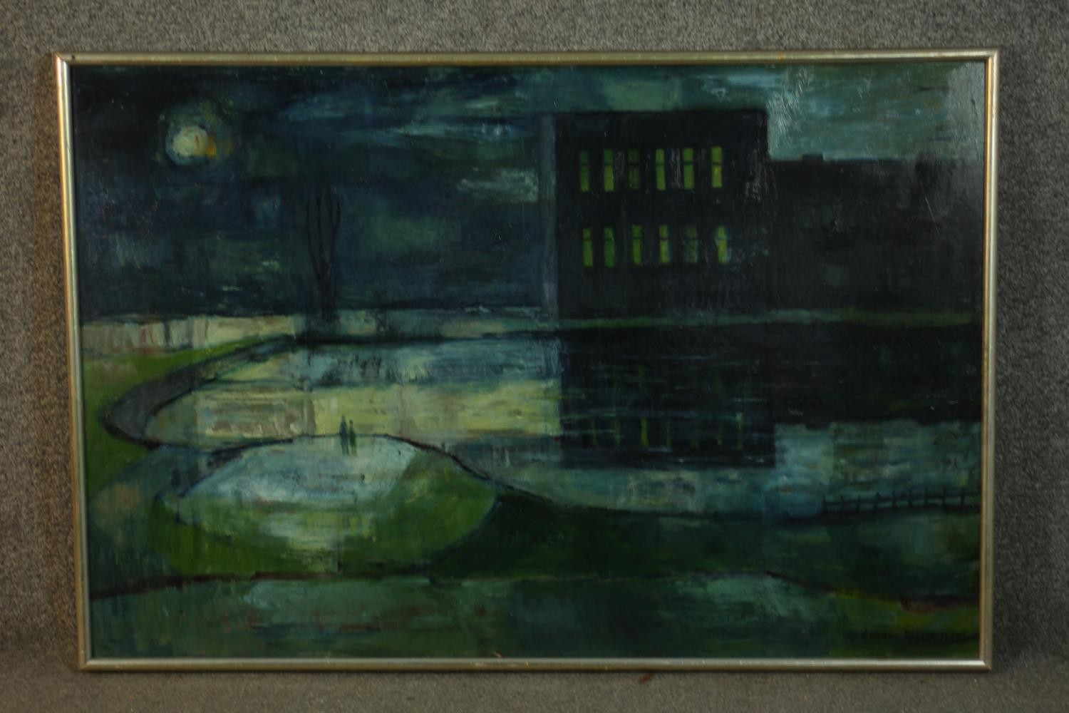 A large framed oil on board of a factory by a lake, indistinctly signed. Label verso. H.64 W.94cm. - Image 2 of 5