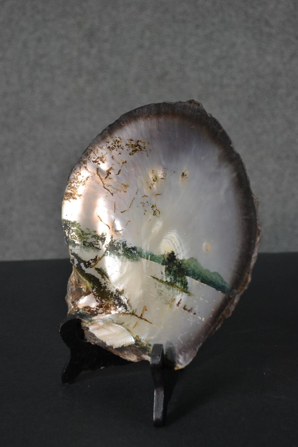 Two 19th century painted oyster shells on wooden stands, each depicting a Japanese mountain lake - Image 4 of 12