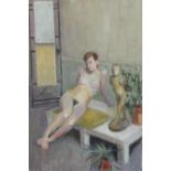 An unframed oil on canvas of a nude sitting on a table, unsigned. H.92 W.62cm