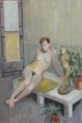 An unframed oil on canvas of a nude sitting on a table, unsigned. H.92 W.62cm