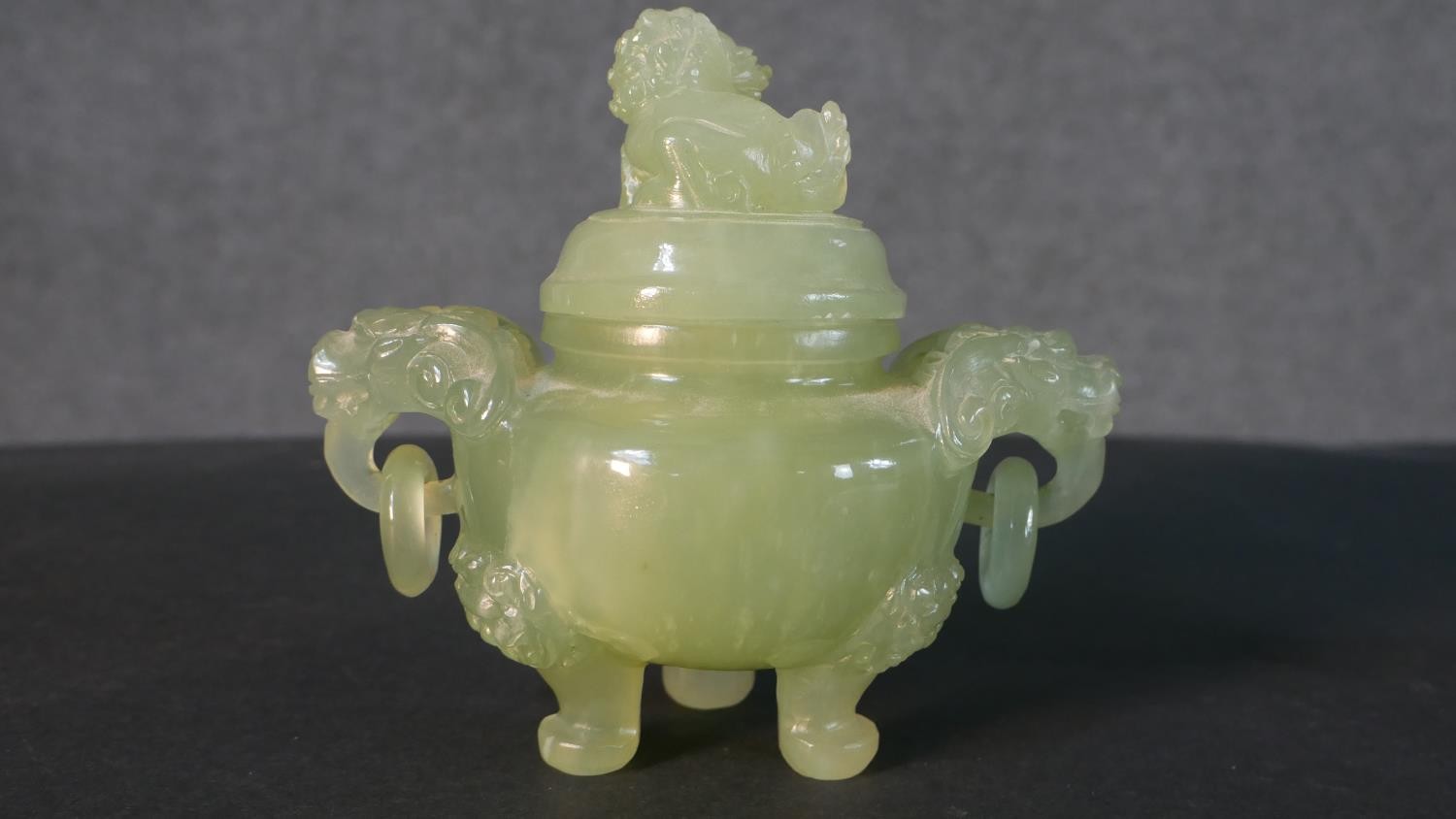 An early 20th century carved jade lidded censer with foo dog finial and handles along with a - Image 10 of 12