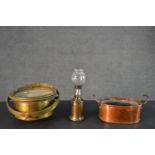 A J. Hewitt brass ships compass along with a copper and brass twin handled dish and a French brass