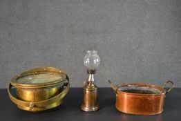 A J. Hewitt brass ships compass along with a copper and brass twin handled dish and a French brass