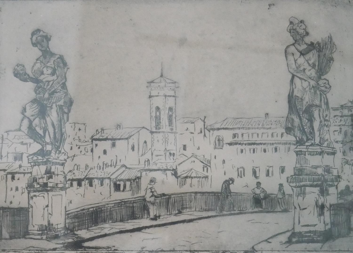 Milan Petrovic (1893 - 1978), etching on paper of Ponte Santa Trinita, Firenze, along with a pair of - Image 3 of 14