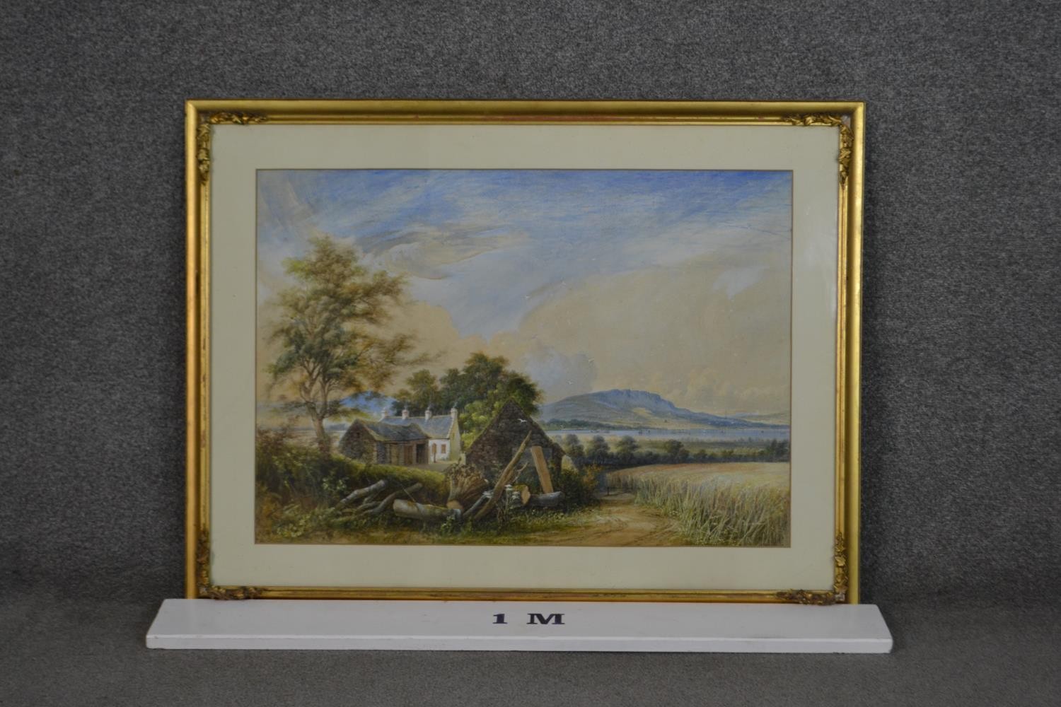 A gilt framed and glazed 19th century watercolour, farm cottages with fields and hills in the - Image 3 of 11