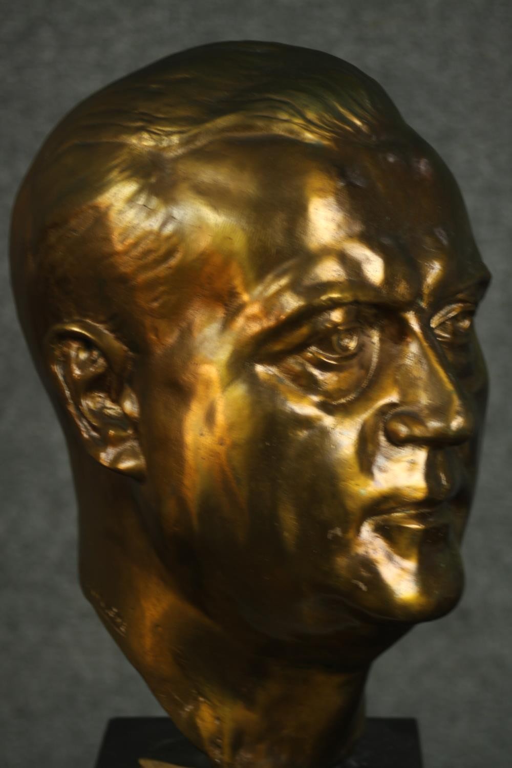 A 20th century bronze head of a gentleman, mounted on a black marble base. H.48 W.18 D.23cm. - Image 5 of 5