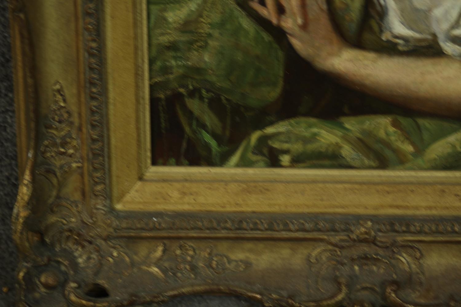 A carved gilt framed oil on board of a woman in a green shawl and white lace dress, unsigned. H.54 - Image 5 of 7