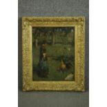 A giltwood oil on board of a girl feeding chickens, unsigned. H.71 W.59cm.