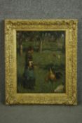 A giltwood oil on board of a girl feeding chickens, unsigned. H.71 W.59cm.