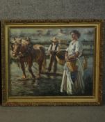 A framed oil on canvas of a horse drawn plough with the farmers wife, inscribed verso Andrian