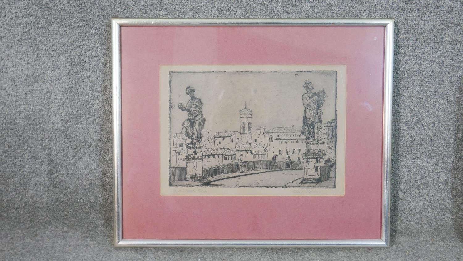 Milan Petrovic (1893 - 1978), etching on paper of Ponte Santa Trinita, Firenze, along with a pair of - Image 4 of 14