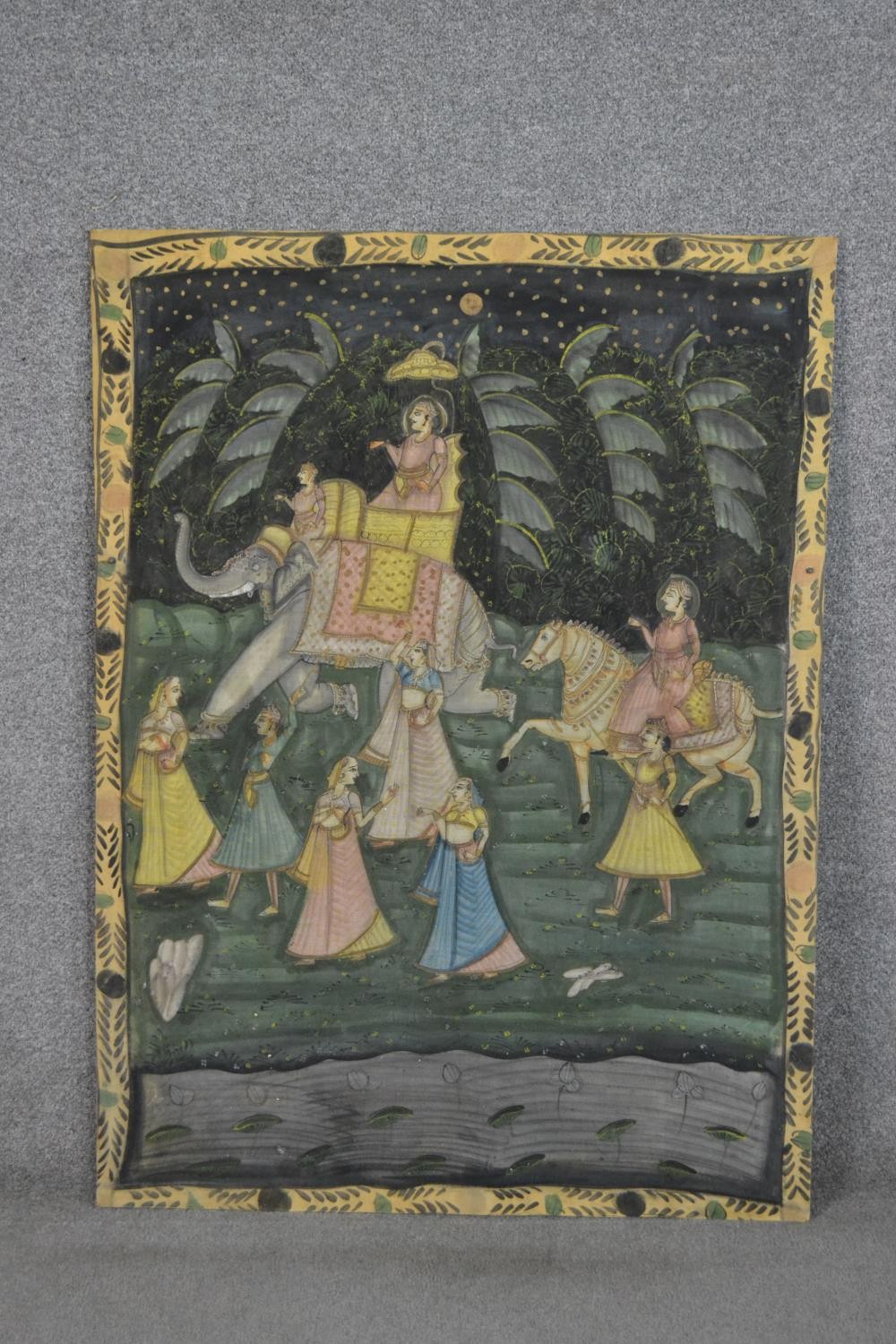 An early 20th century Indian gouache on fabric depicting a deity on elephant with followers. H.116 - Image 2 of 8