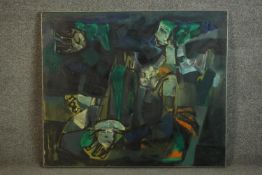 An abstract oil on canvas with figures, indistinctly signed. H.78 W.91cm.