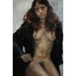 A carved giltwood framed oil on canvas of a nude in a black coat, signed Vera verso. H.99 W.72cm.