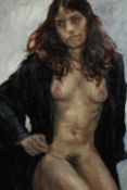 A carved giltwood framed oil on canvas of a nude in a black coat, signed Vera verso. H.99 W.72cm.