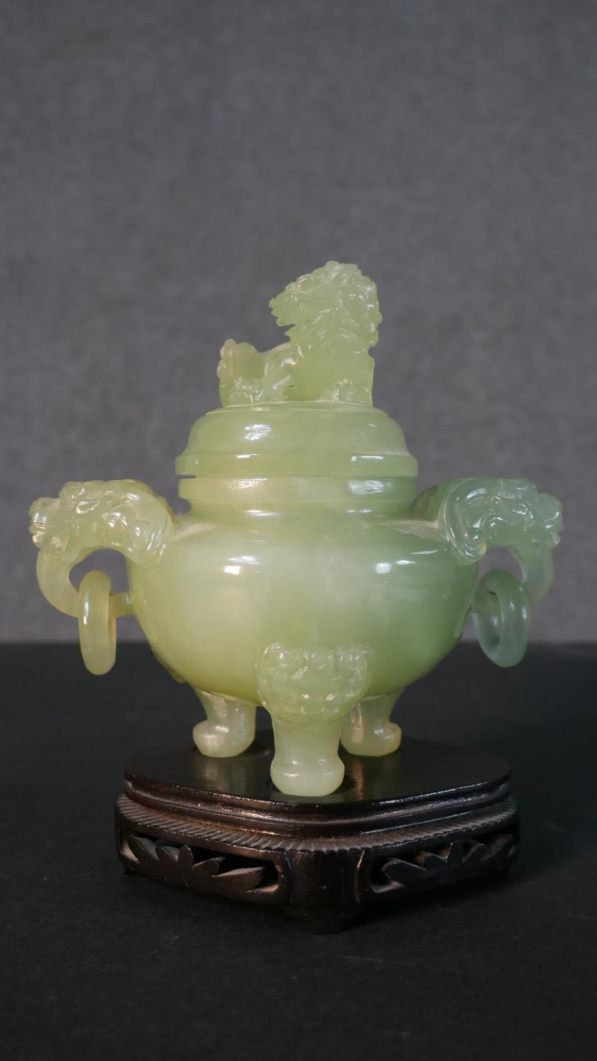 An early 20th century carved jade lidded censer with foo dog finial and handles along with a - Image 6 of 12