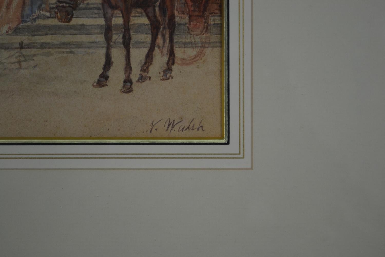 A framed and glazed 19th century watercolour of a market scene with horses, signed N. Walsh. Label - Image 8 of 10