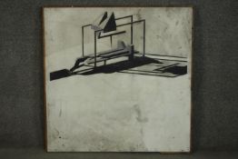 Keith Milow, 1945, abstract black and white architectural form, oil on board, signed K. Milow verso.