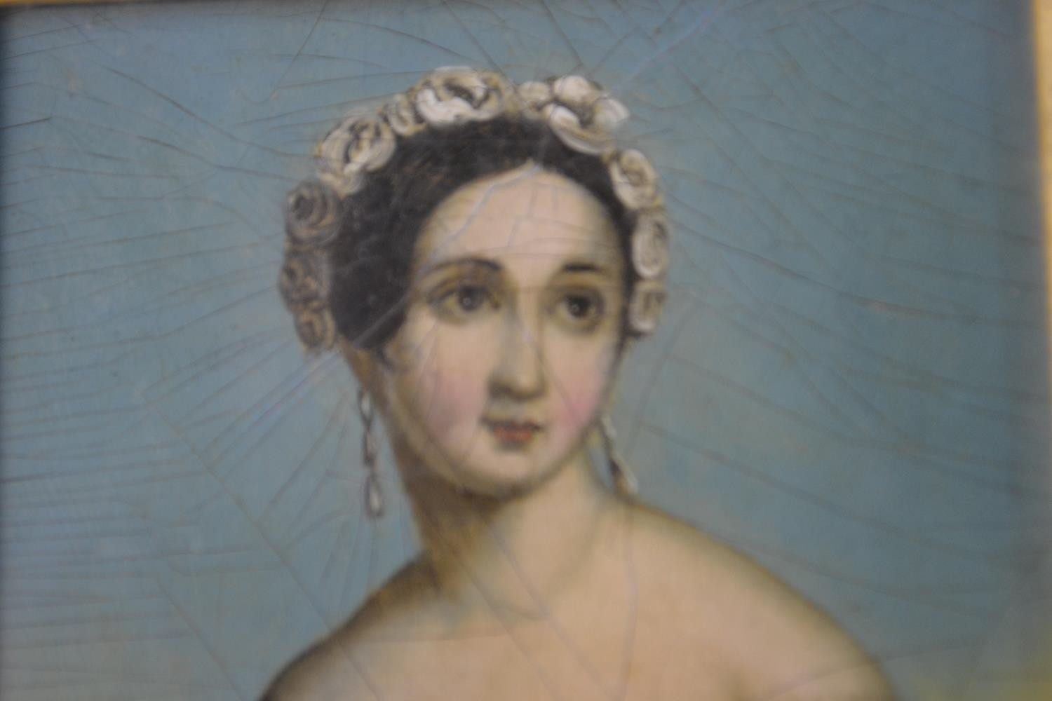 A carved giltwood framed 19th century oil on board, portrait of a Victorian woman in a red dress - Image 4 of 5