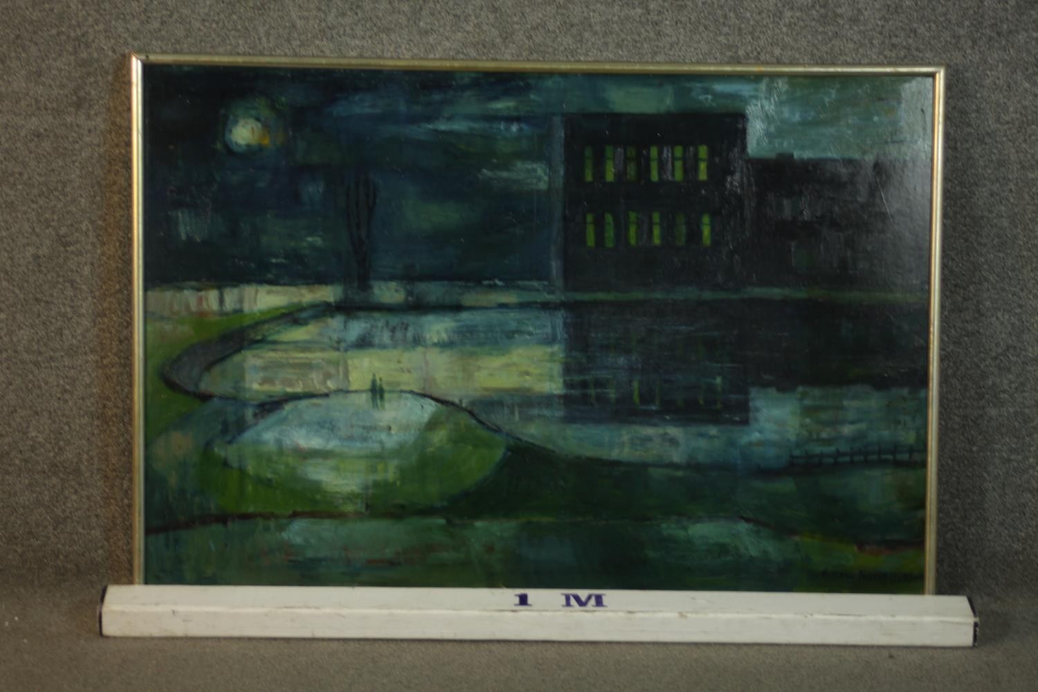 A large framed oil on board of a factory by a lake, indistinctly signed. Label verso. H.64 W.94cm. - Image 3 of 5
