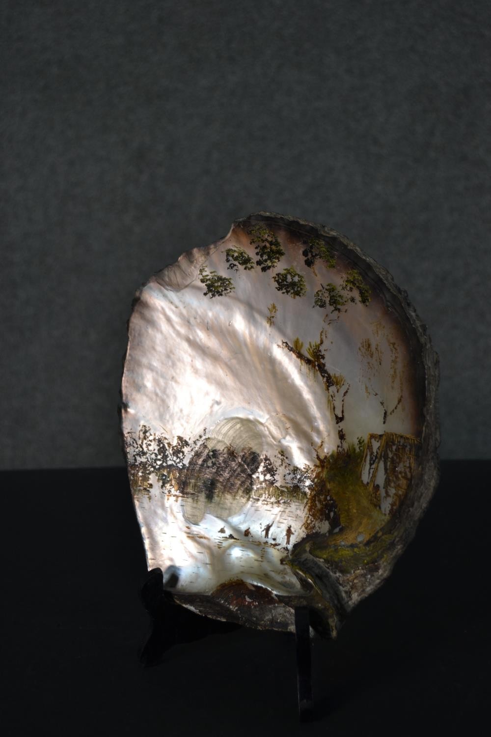 Two 19th century painted oyster shells on wooden stands, each depicting a Japanese mountain lake - Image 9 of 12