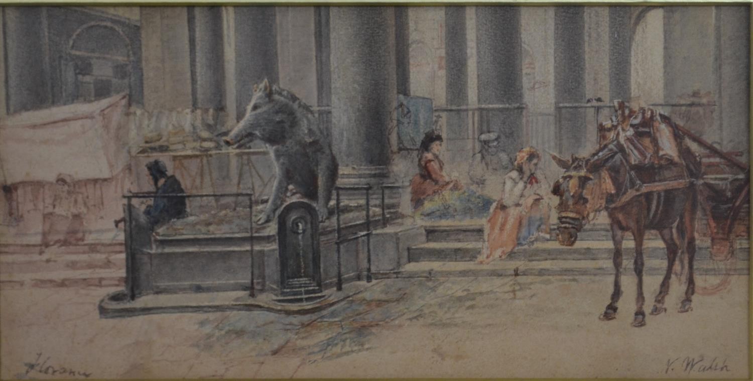 A framed and glazed 19th century watercolour of a market scene with horses, signed N. Walsh. Label