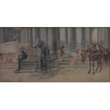 A framed and glazed 19th century watercolour of a market scene with horses, signed N. Walsh. Label