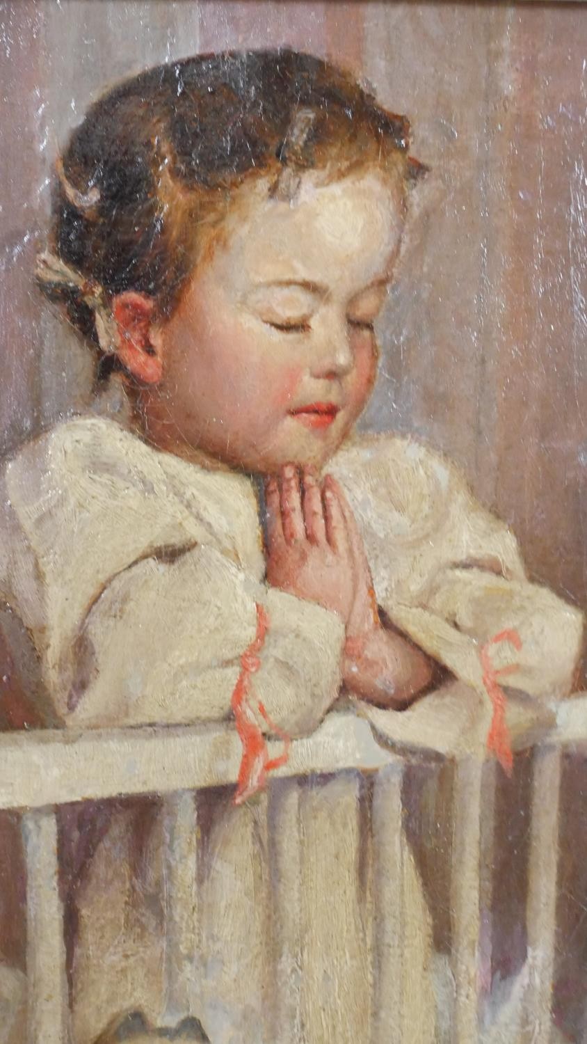 A carved framed oil on canvas of a child praying in her cot. Unsigned. H.47 W.43cm. - Image 4 of 7