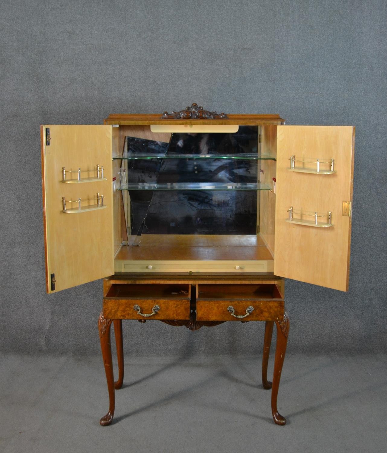 An Epstein style 1930s burr walnut drinks cabinet, the two cupboard doors with ornate brass - Image 2 of 13