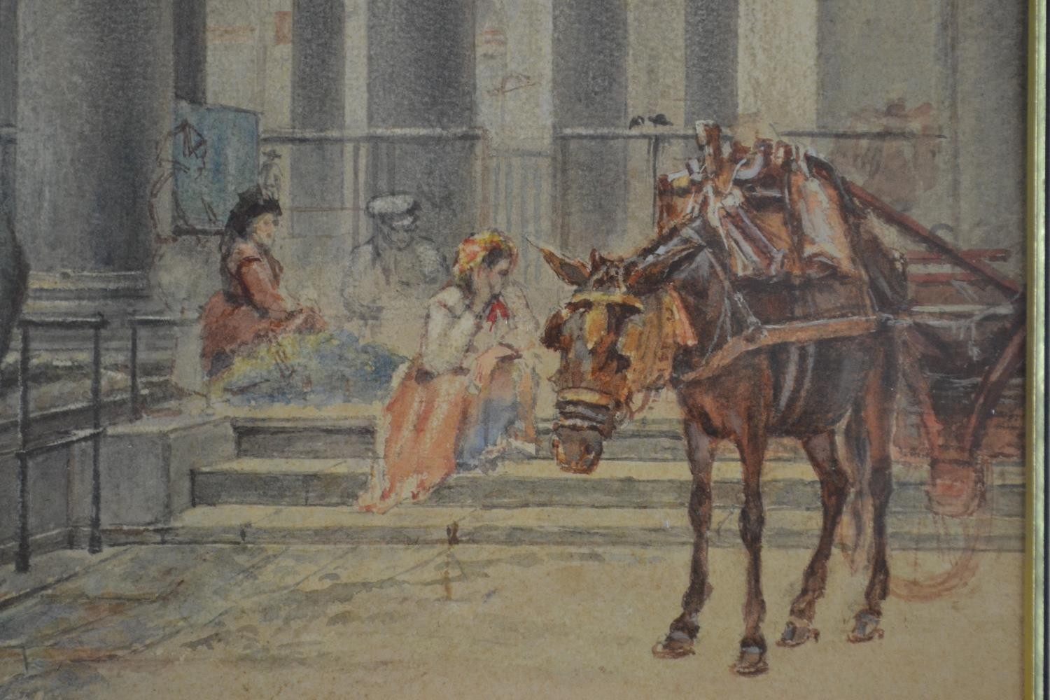 A framed and glazed 19th century watercolour of a market scene with horses, signed N. Walsh. Label - Image 5 of 10