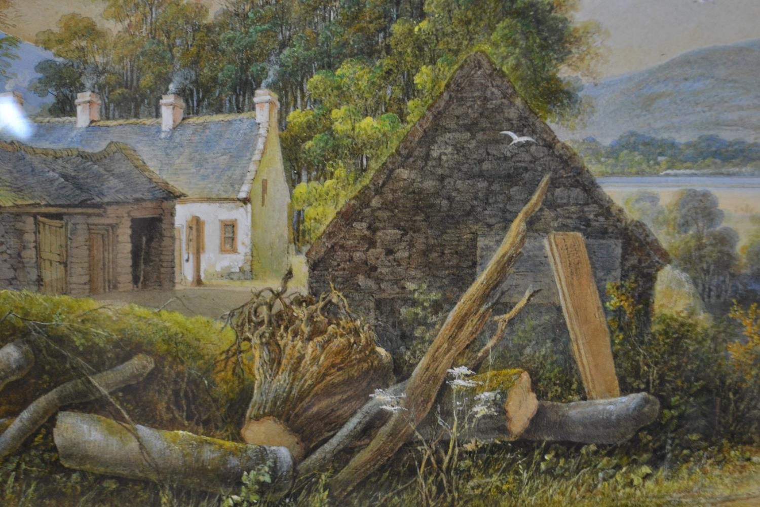 A gilt framed and glazed 19th century watercolour, farm cottages with fields and hills in the - Image 7 of 11