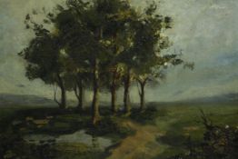 A gilt framed oil on board landscape with grove of trees, unsigned. H.58 W.67cm.