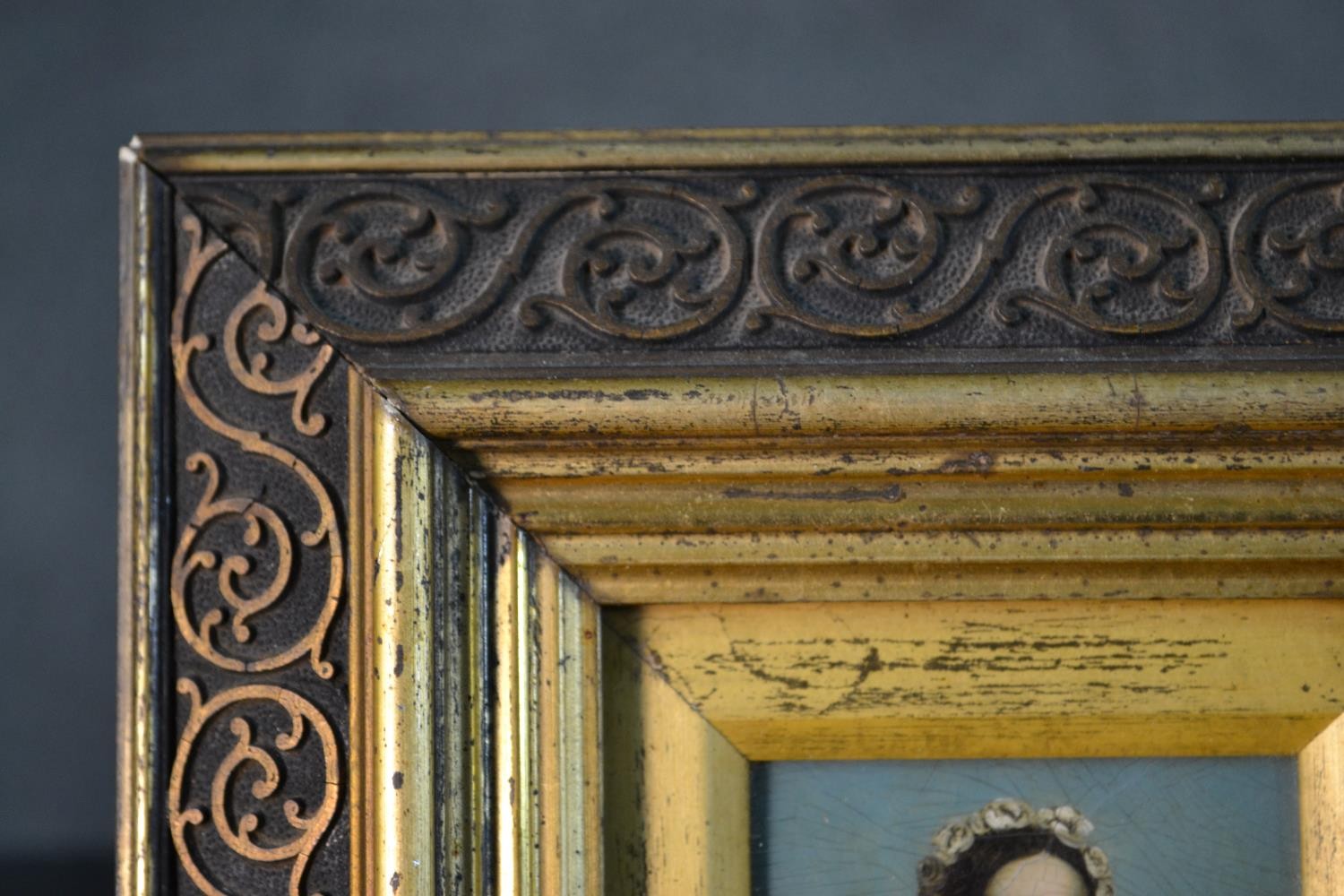 A carved giltwood framed 19th century oil on board, portrait of a Victorian woman in a red dress - Image 5 of 5