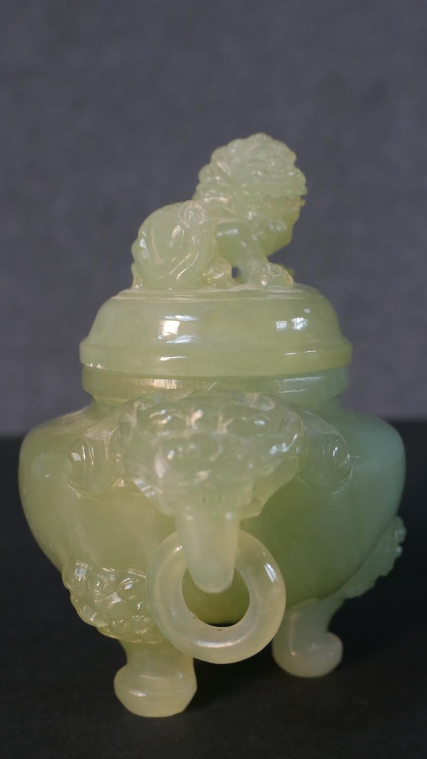 An early 20th century carved jade lidded censer with foo dog finial and handles along with a - Image 9 of 12